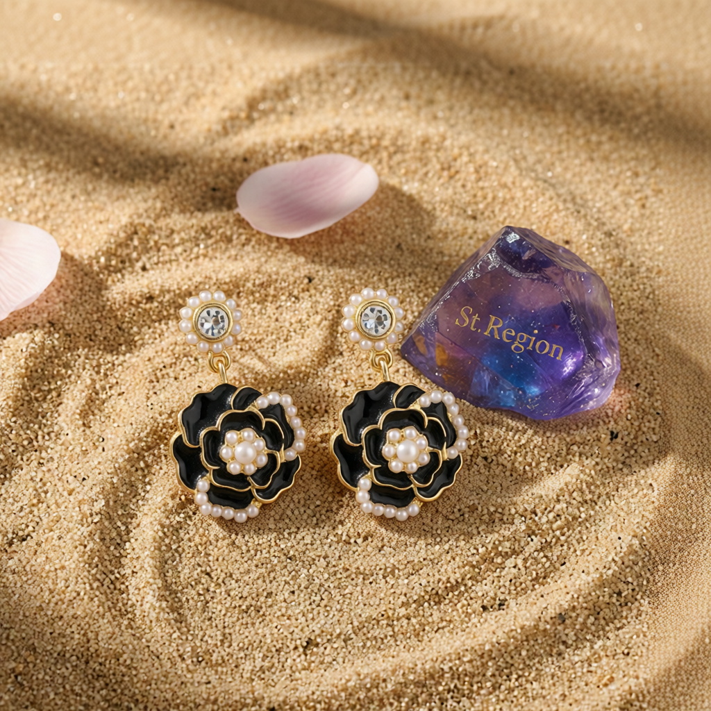 Pearl & Black Enamel 18K Gold-Plated Camellia Drop Earrings