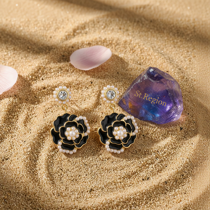 Pearl & Black Enamel 18K Gold-Plated Camellia Drop Earrings
