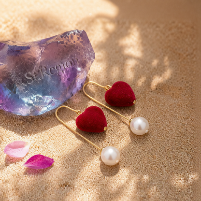 Pearl & Wine Red Velvet Heart Drop Earrings