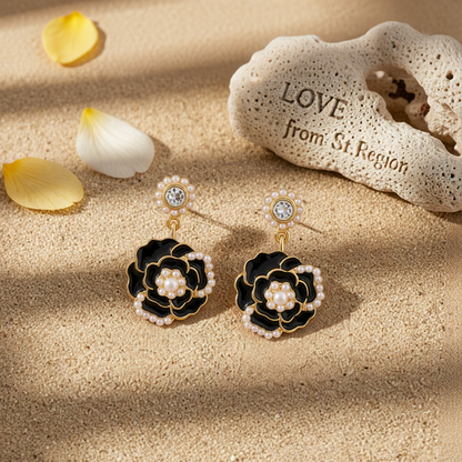 Pearl & Black Enamel 18K Gold-Plated Camellia Drop Earrings