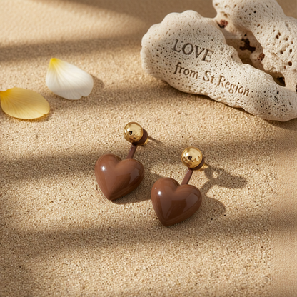 Coffee Enamel & 18K Gold-Plated Heart Ear Jackets