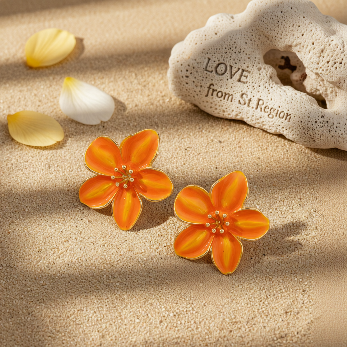 Orange Enamel & Goldtone Flower Stud Earrings