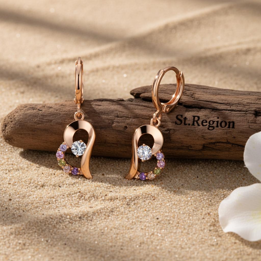 Colored Cubic Zirconia and 18K Gold-Plated Heart Drop Earrings, gold huggie earrings, botanical inspired, front view