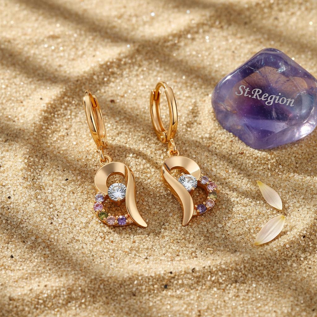 Colored Cubic Zirconia and 18K Gold-Plated Heart Drop Earrings, gold huggie earrings, botanical inspired, detail close-up