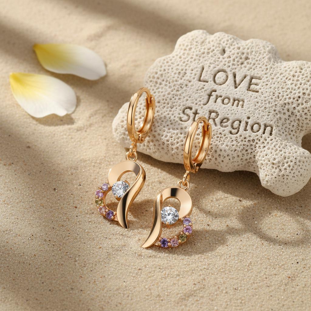 Colored Cubic Zirconia and 18K Gold-Plated Heart Drop Earrings, gold huggie earrings, botanical inspired, lifestyle look
