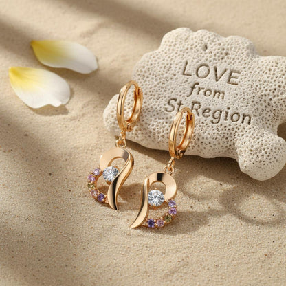 Colored Cubic Zirconia and 18K Gold-Plated Heart Drop Earrings, gold huggie earrings, botanical inspired, lifestyle look