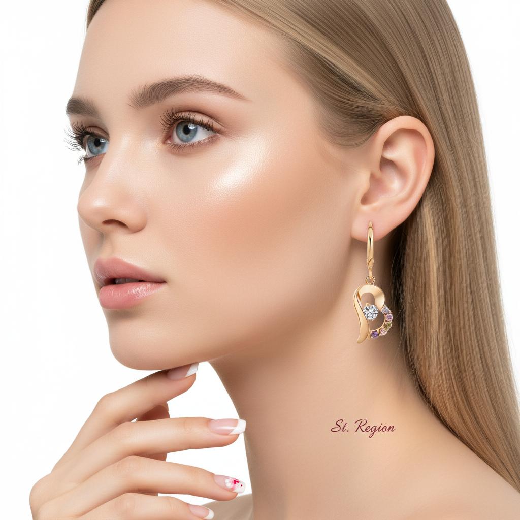 Colored Cubic Zirconia and 18K Gold-Plated Heart Drop Earrings, gold huggie earrings, botanical inspired, styled look