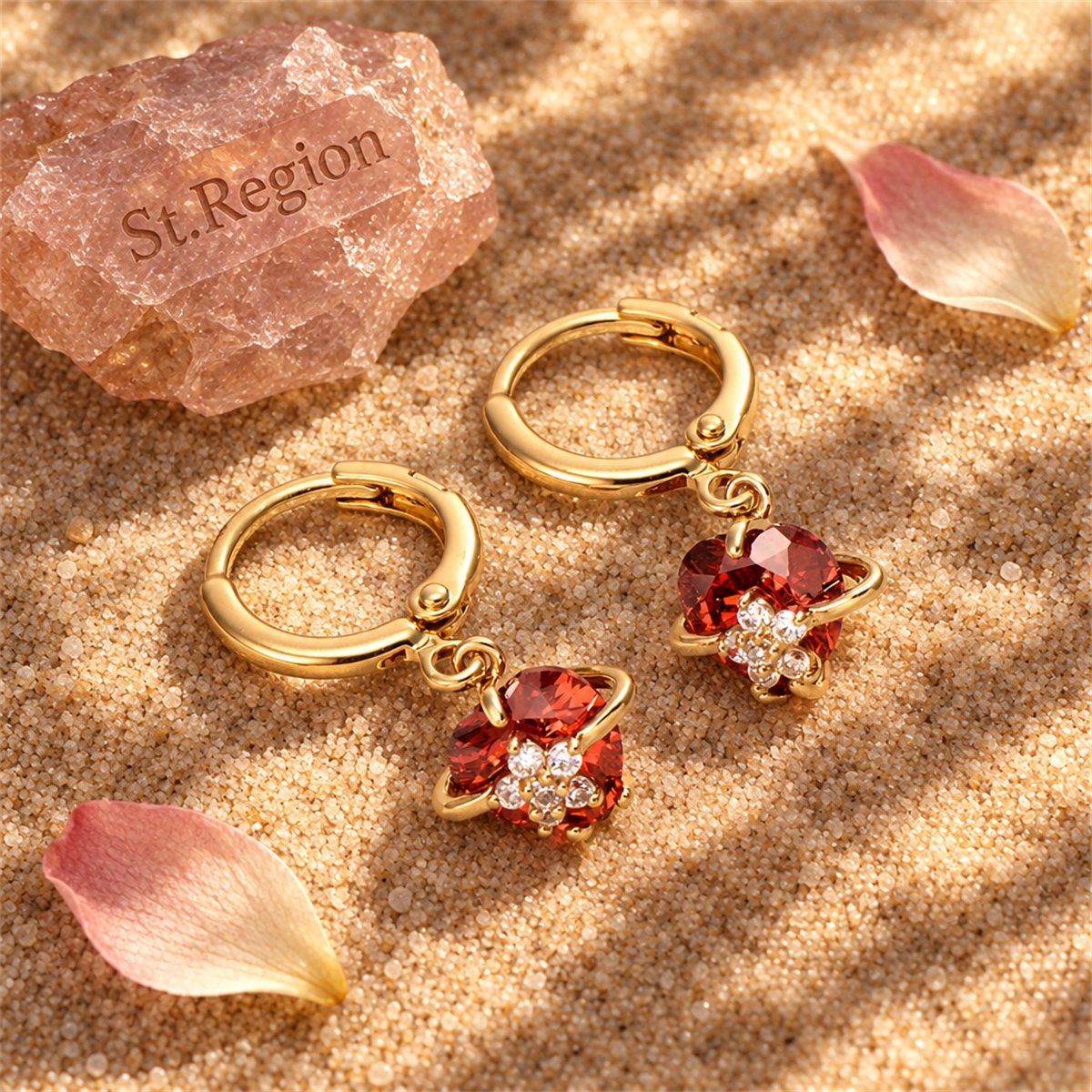 Red Crystal and Cubic Zirconia 18K Gold-Plated Heart Drop Earrings, gold huggie earrings, detail close-up