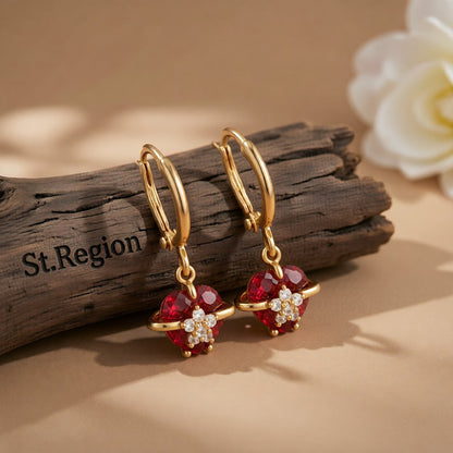 Red Crystal and Cubic Zirconia 18K Gold-Plated Heart Drop Earrings, gold huggie earrings, front view