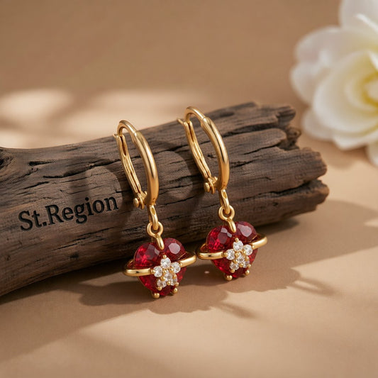 Red Crystal and Cubic Zirconia 18K Gold-Plated Heart Drop Earrings, gold huggie earrings, front view