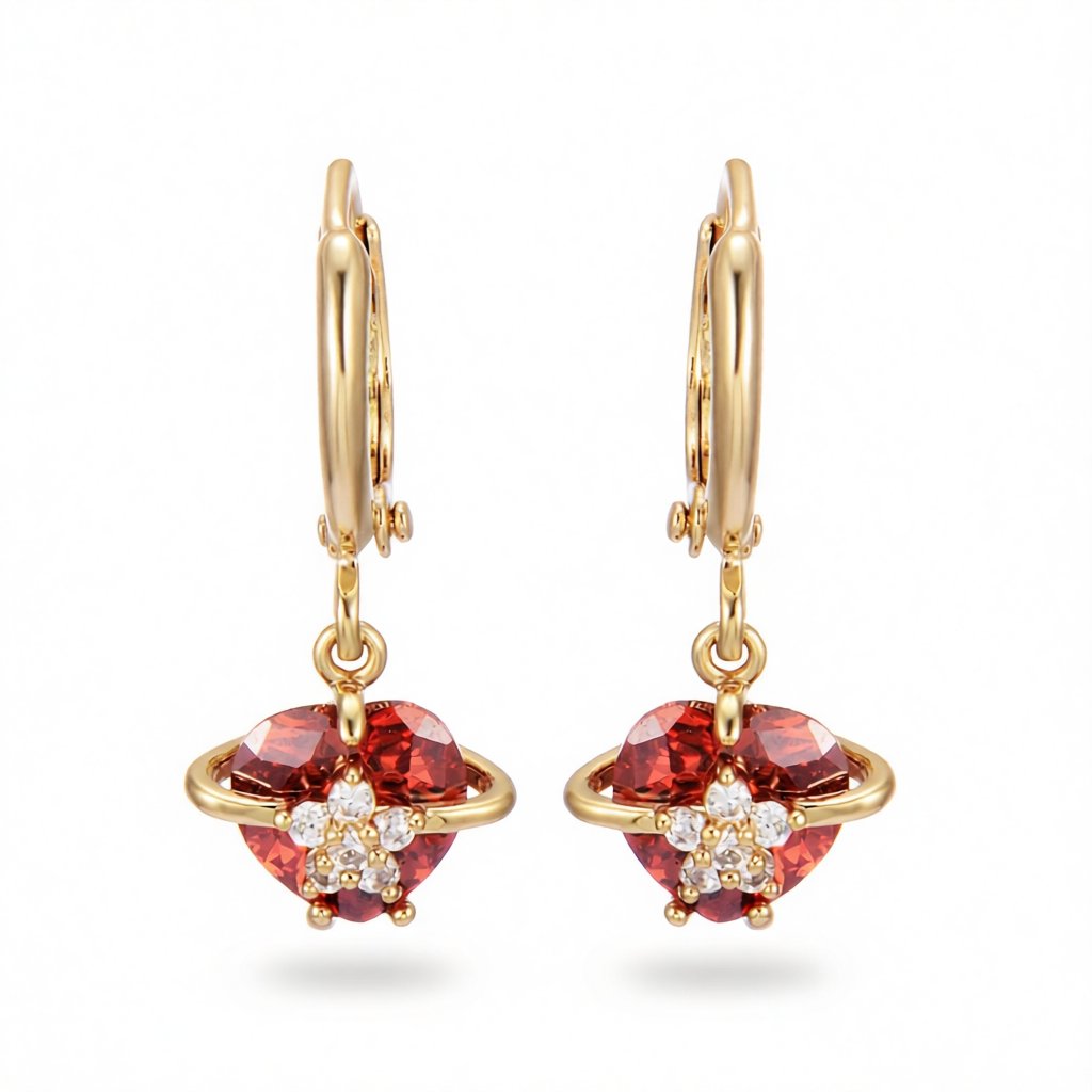 Red Crystal and Cubic Zirconia 18K Gold-Plated Heart Drop Earrings, gold huggie earrings, dainty minimalist design, side view