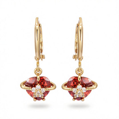 Red Crystal and Cubic Zirconia 18K Gold-Plated Heart Drop Earrings, gold huggie earrings, dainty minimalist design, side view
