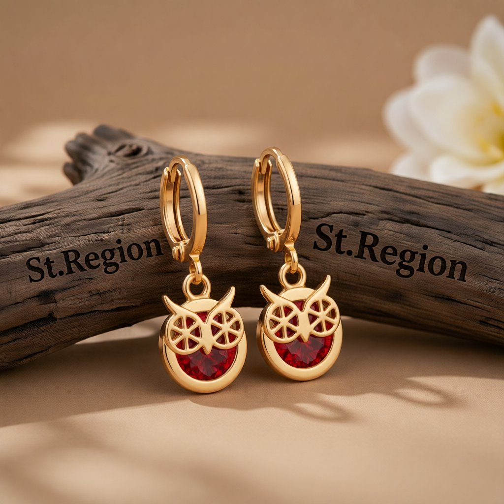 Red Cubic Zirconia and 18K Gold-Plated Owl Bezel Drop Earrings, gold huggie earrings, everyday style, front view