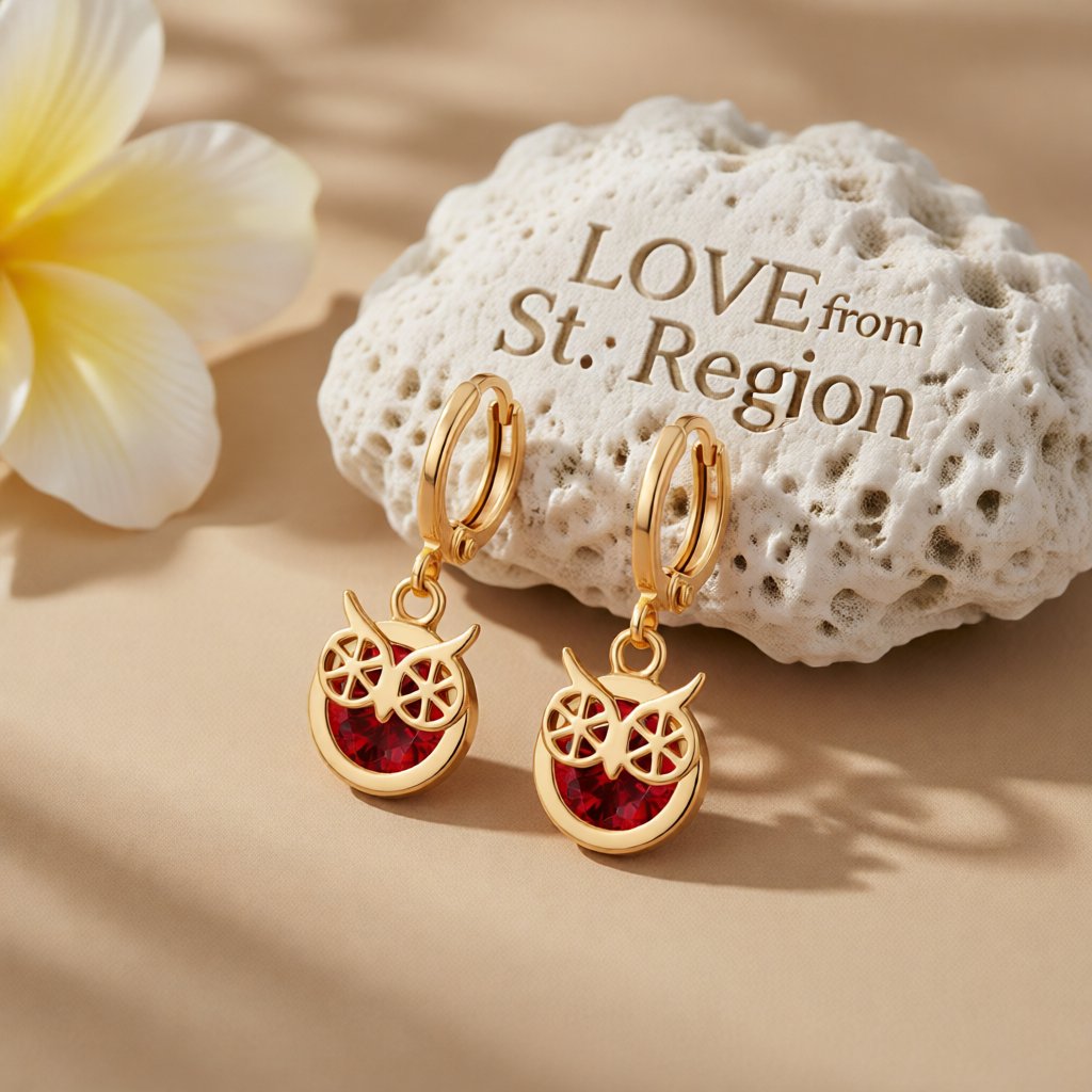 Red Cubic Zirconia and 18K Gold-Plated Owl Bezel Drop Earrings, gold huggie earrings, everyday style, lifestyle look