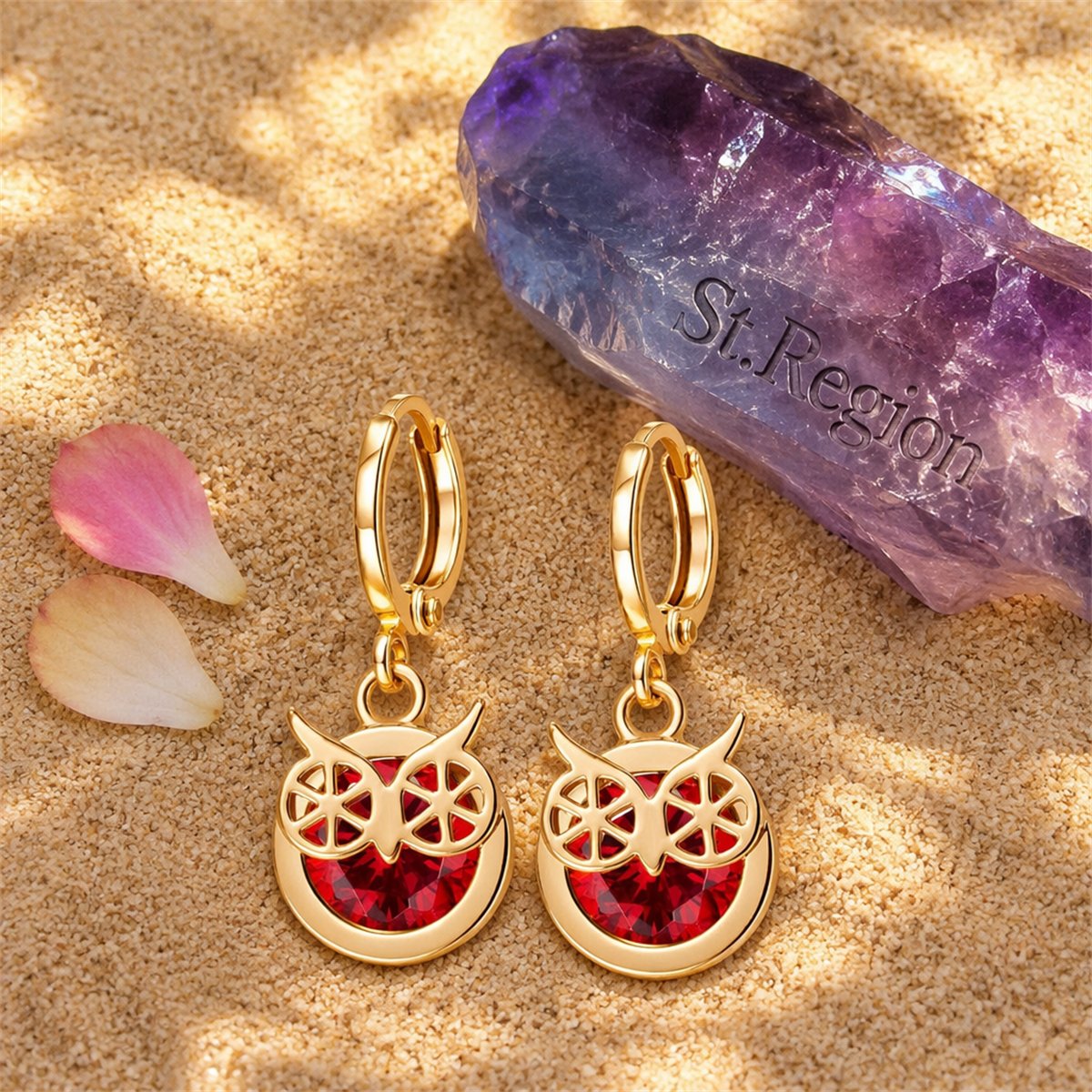 Red Cubic Zirconia and 18K Gold-Plated Owl Bezel Drop Earrings, gold huggie earrings, everyday style, detail close-up