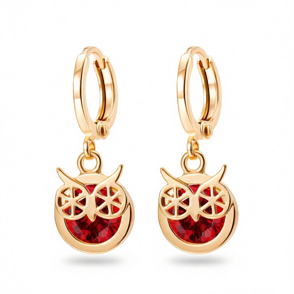 Red Cubic Zirconia and 18K Gold-Plated Owl Bezel Drop Earrings, gold huggie earrings, everyday style, side view