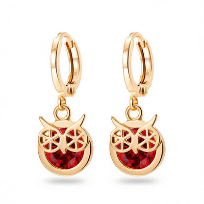 Red Cubic Zirconia and 18K Gold-Plated Owl Bezel Drop Earrings, gold huggie earrings, everyday style, side view