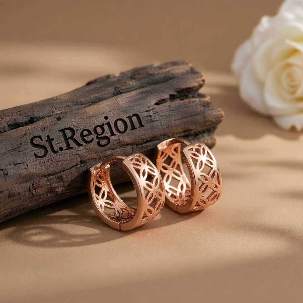 18K Rose Gold-Plated Openwork Huggie Earrings, rose gold huggie earrings, vintage-inspired design, front view