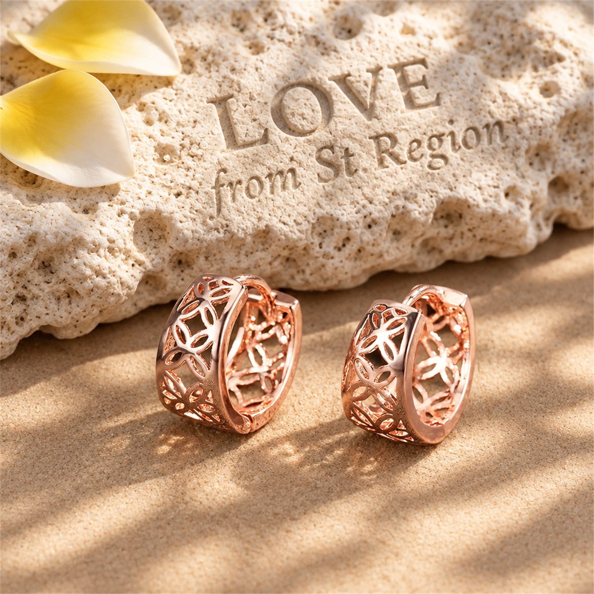 18K Rose Gold-Plated Openwork Huggie Earrings, rose gold huggie earrings, vintage-inspired design, lifestyle look