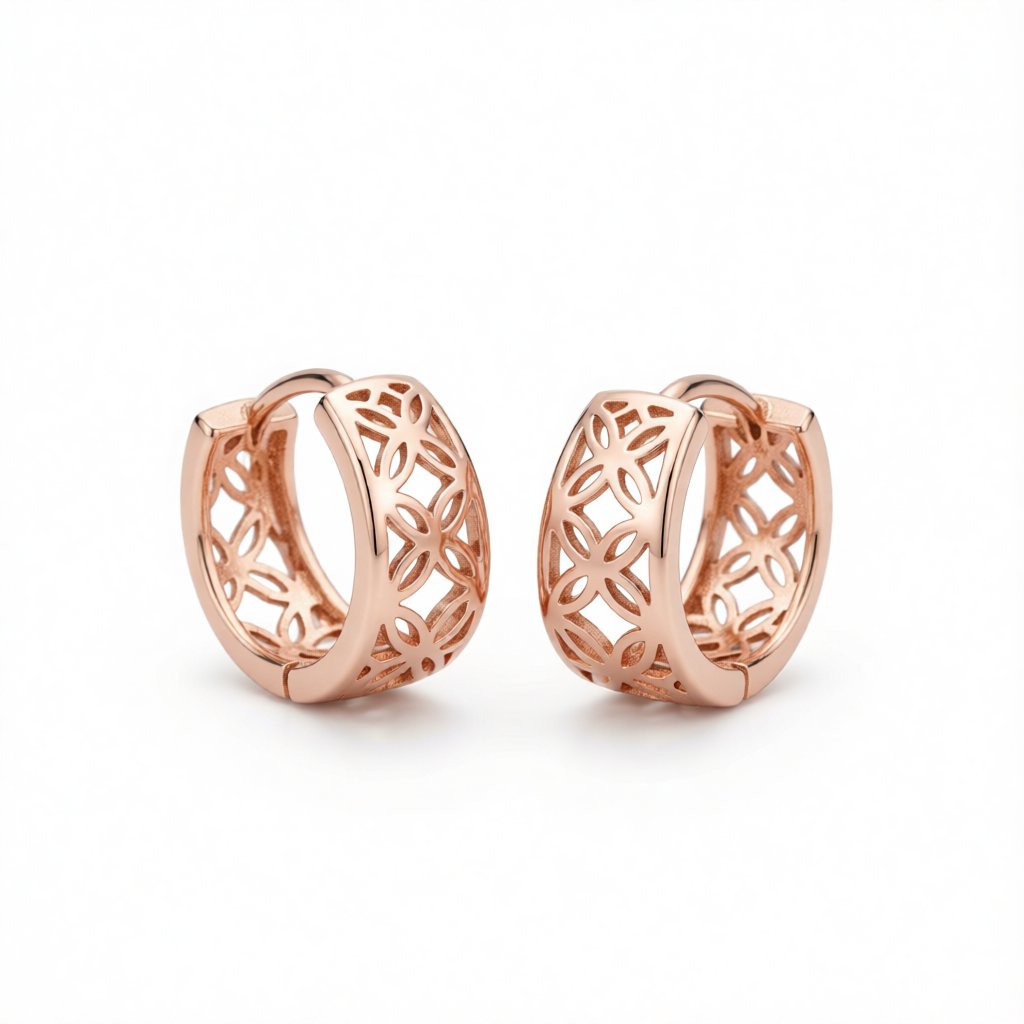 18K Rose Gold-Plated Openwork Huggie Earrings, rose gold huggie earrings, vintage-inspired design, side view