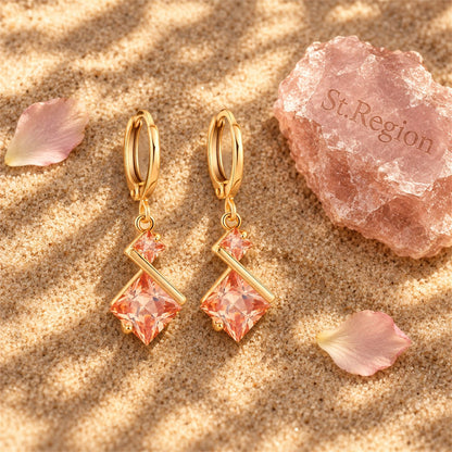 Yellow Crystal and 18K Gold-Plated Princess-Cut Drop Earrings, gold huggie earrings, botanical inspired, detail close-up