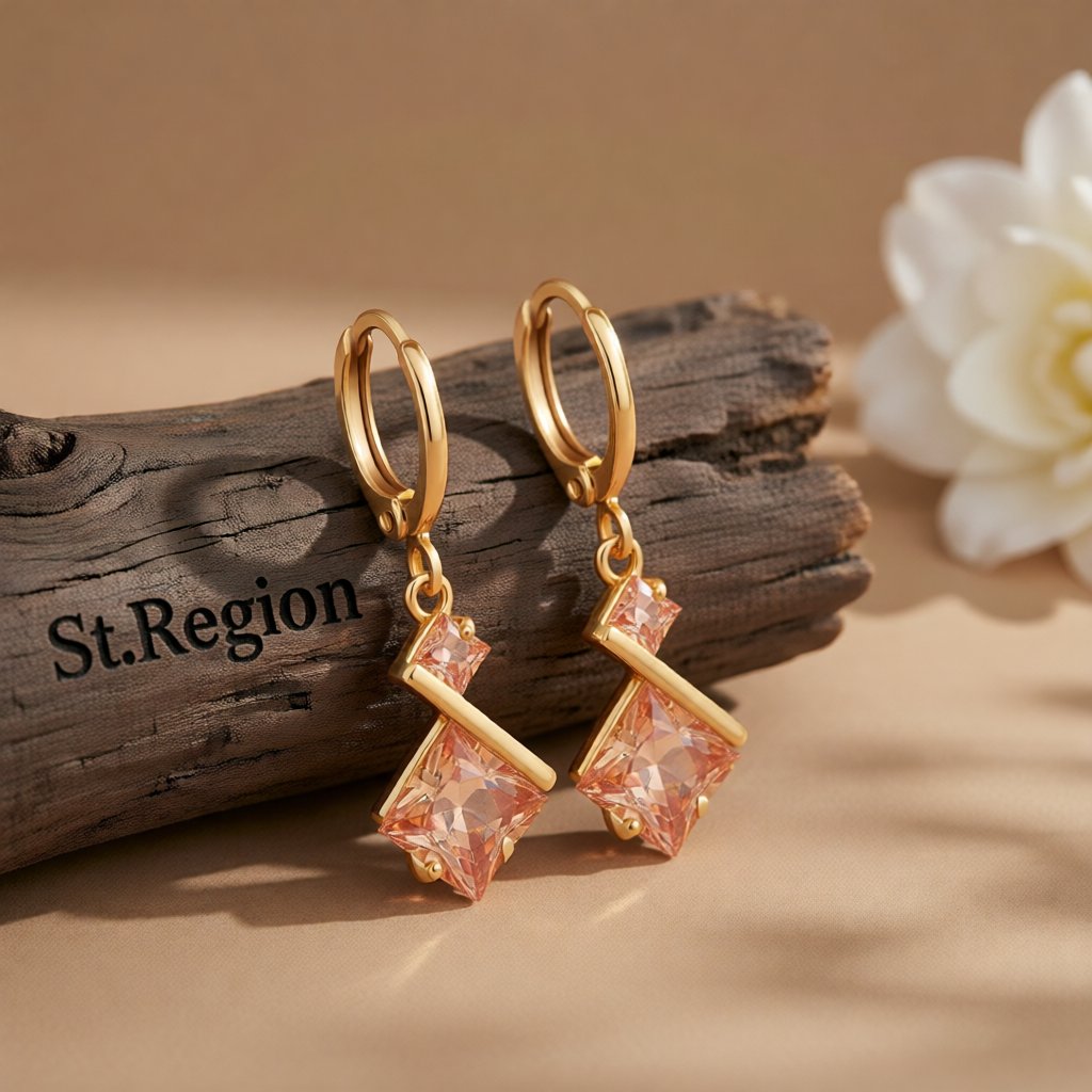 Yellow Crystal and 18K Gold-Plated Princess-Cut Drop Earrings, gold huggie earrings, botanical inspired, front view