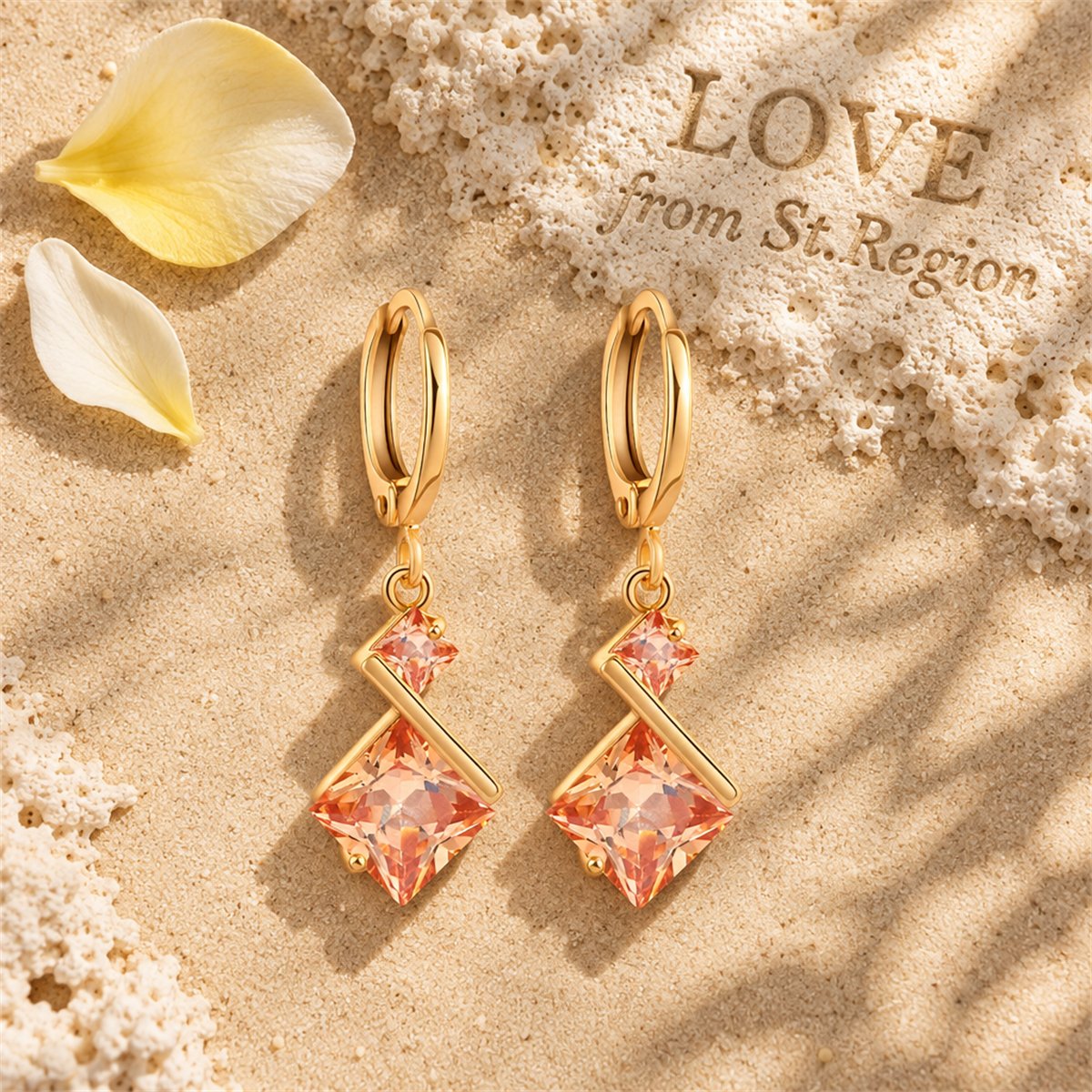 Yellow Crystal and 18K Gold-Plated Princess-Cut Drop Earrings, gold huggie earrings, botanical inspired, lifestyle look