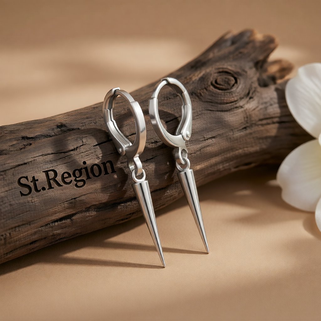 Silver-Plated Spike Huggie Earrings, silver huggie earrings, dainty minimalist design, front view