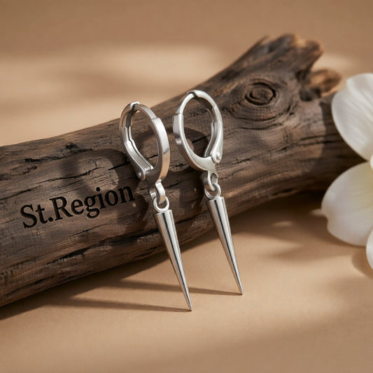 Silver-Plated Spike Huggie Earrings, silver huggie earrings, dainty minimalist design, front view