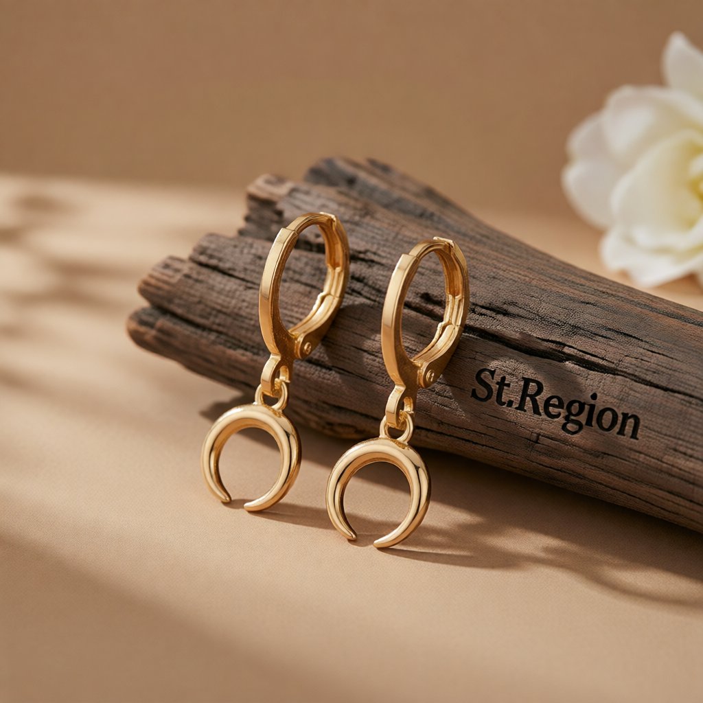 18K Gold-Plated Crescent Moon Huggie Earrings, gold huggie earrings, everyday style, front view