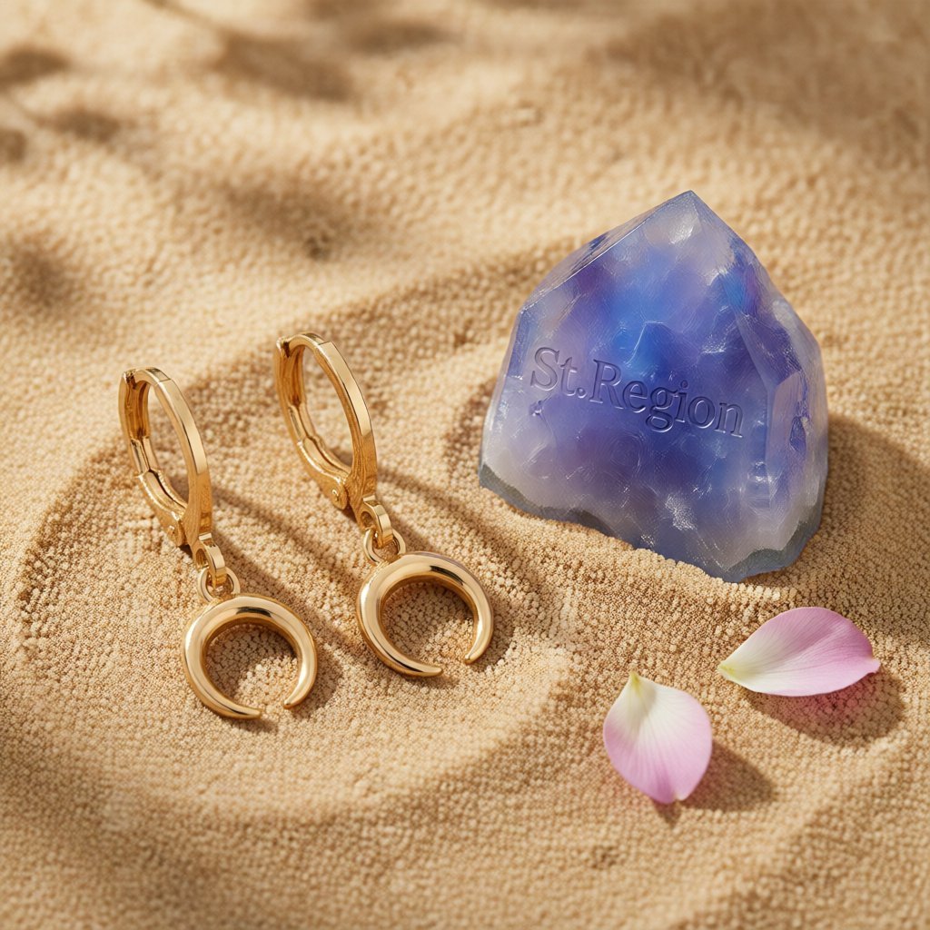 18K Gold-Plated Crescent Moon Huggie Earrings, gold huggie earrings, everyday style, detail close-up
