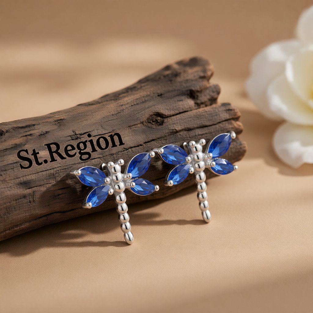 Blue Crystal and Silver-Plated Dragonfly Stud Earrings, silver stud earrings for women, botanical inspired, front view