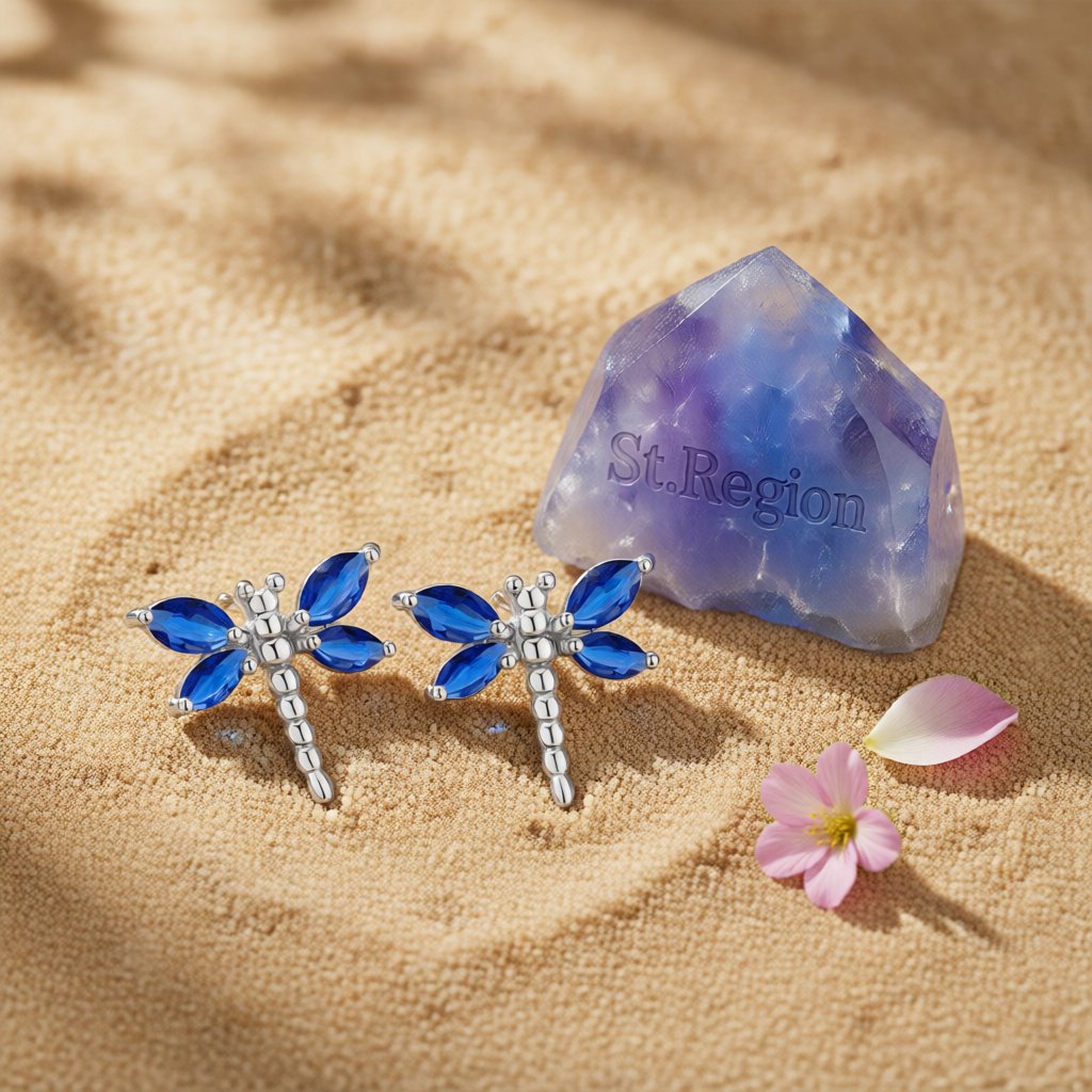Blue Crystal and Silver-Plated Dragonfly Stud Earrings, silver stud earrings for women, botanical inspired, detail close-up