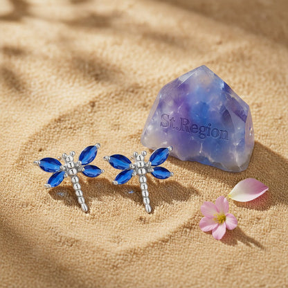 Blue Crystal and Silver-Plated Dragonfly Stud Earrings, silver stud earrings for women, botanical inspired, detail close-up