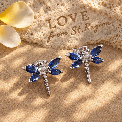 Blue Crystal and Silver-Plated Dragonfly Stud Earrings, silver stud earrings for women, botanical inspired, lifestyle look