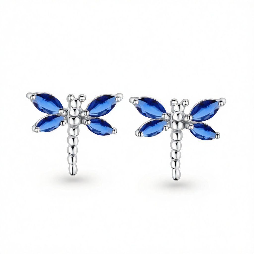 Blue Crystal and Silver-Plated Dragonfly Stud Earrings, silver stud earrings for women, botanical inspired, side view
