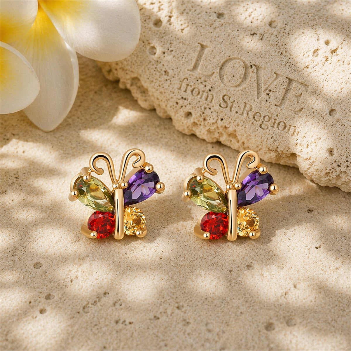 Green Crystal & Cubic Zirconia 18K Gold-Plated Butterfly Stud Earrings