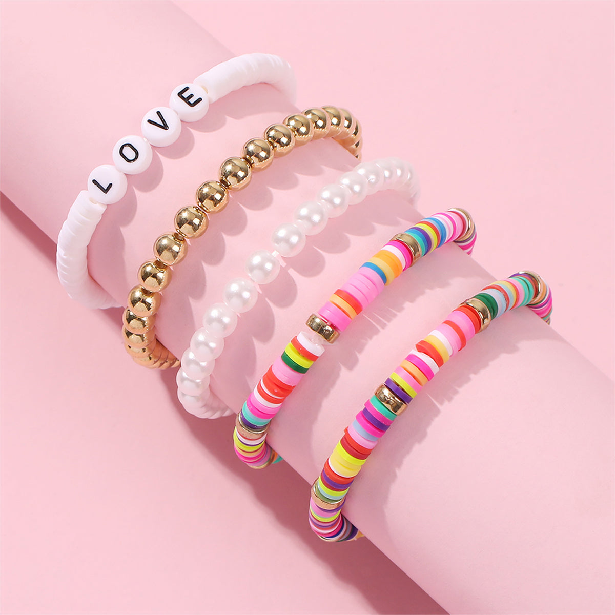 Pearl & 18K Gold-Plated 'Love' Stretch Bracelet Set