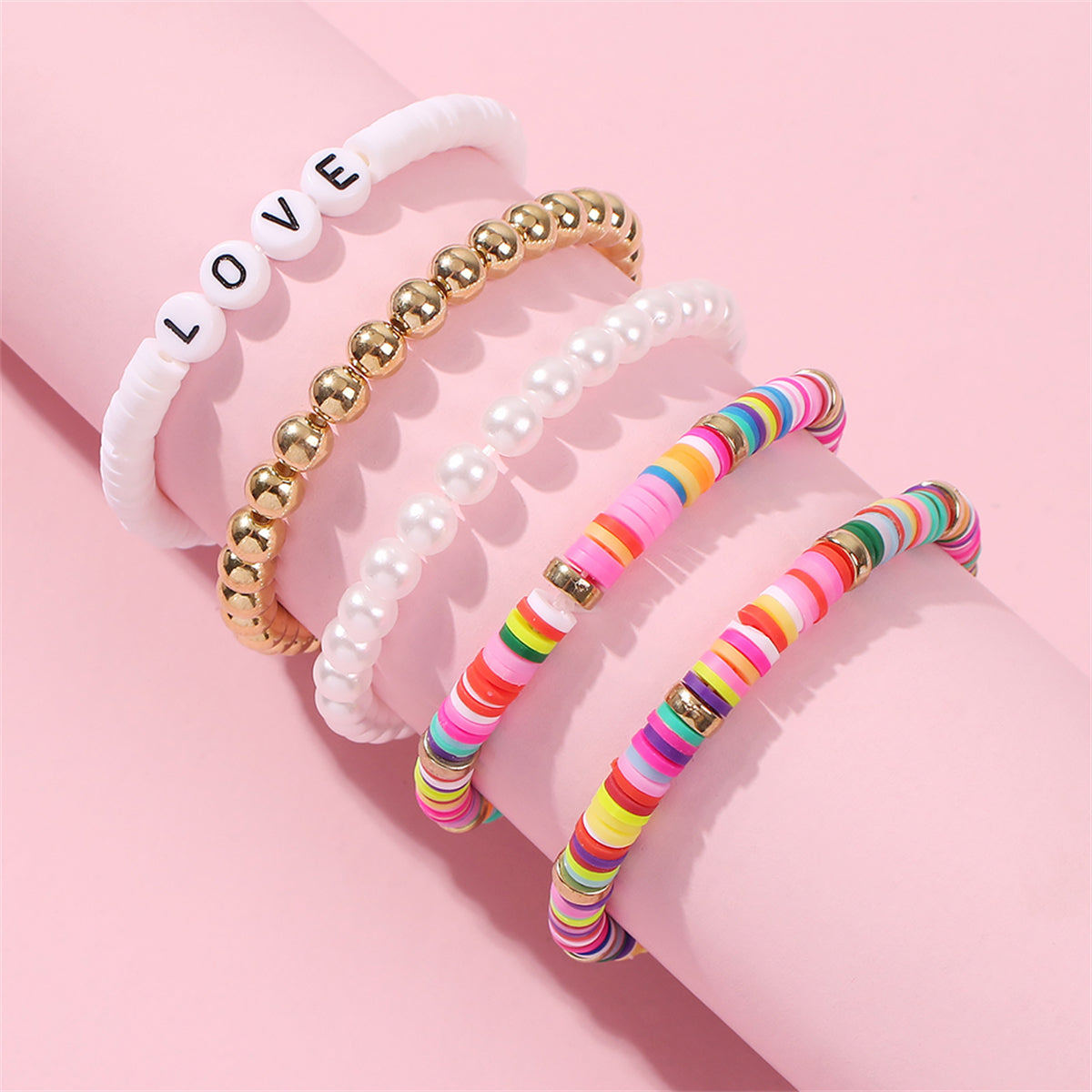 Pearl and 18K Gold-Plated 'Love' Stretch Bracelet Set, gold bracelet for women, elegant gift for her, lifestyle look