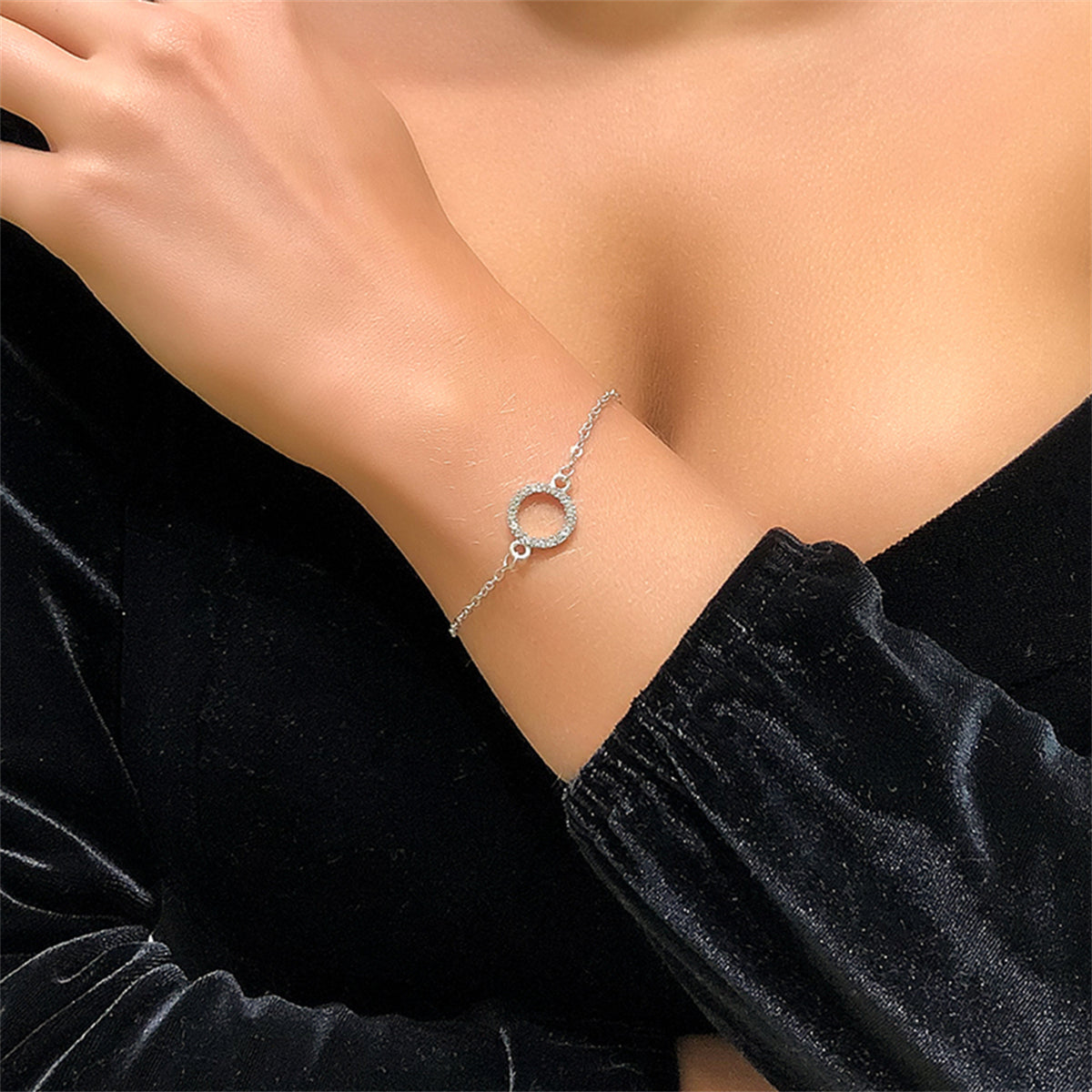 Cubic Zirconia and Silver-Plated Circle Charm Bracelet, silver bracelet for women, everyday style, front view