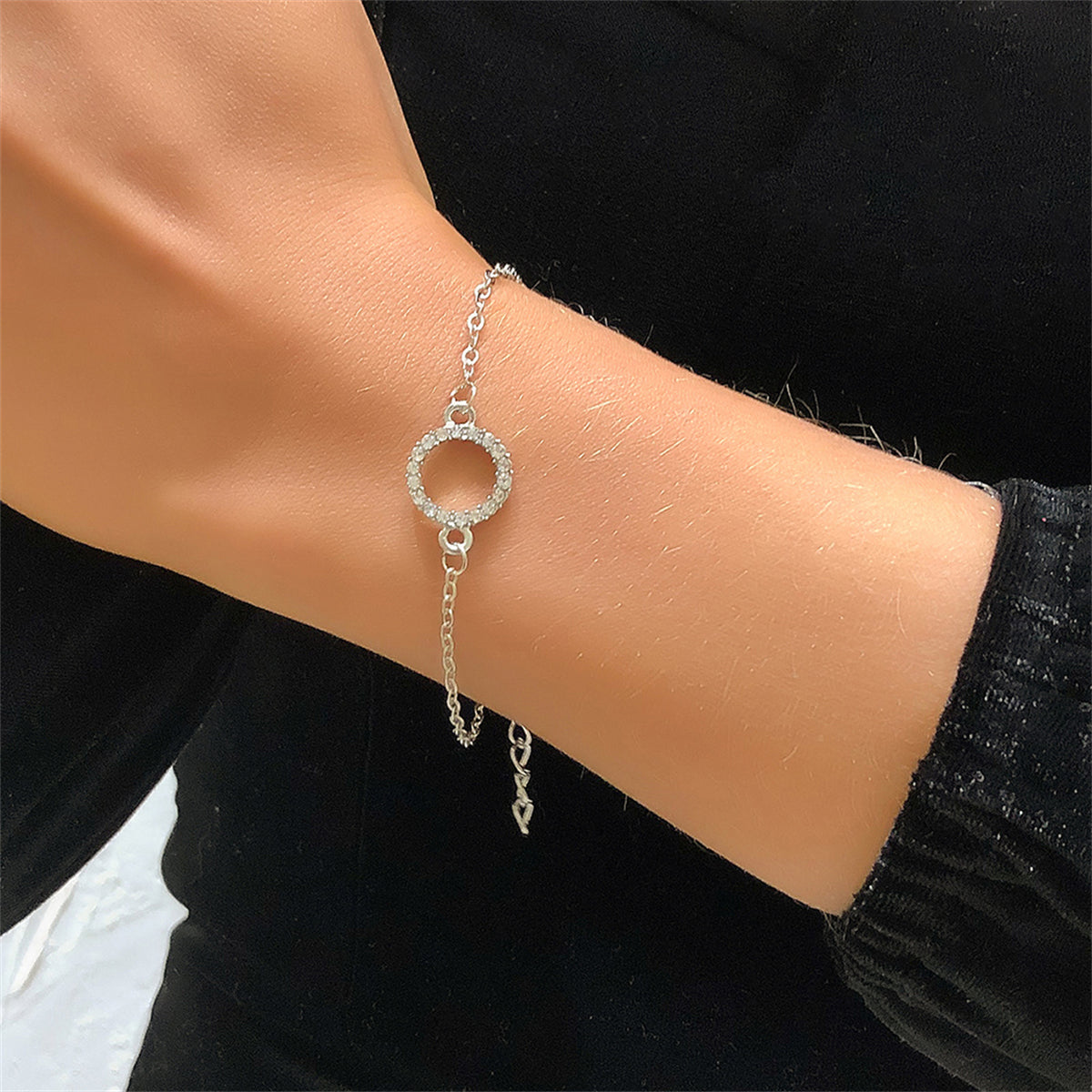 Cubic Zirconia and Silver-Plated Circle Charm Bracelet, silver bracelet for women, everyday style, detail close-up