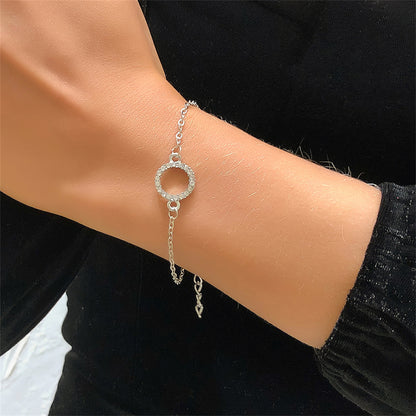 Cubic Zirconia and Silver-Plated Circle Charm Bracelet, silver bracelet for women, everyday style, detail close-up
