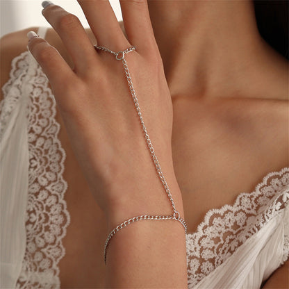 Silver-Plated Wrist-To-Ring Chain Bracelet, silver bracelet for women, botanical inspired, front view