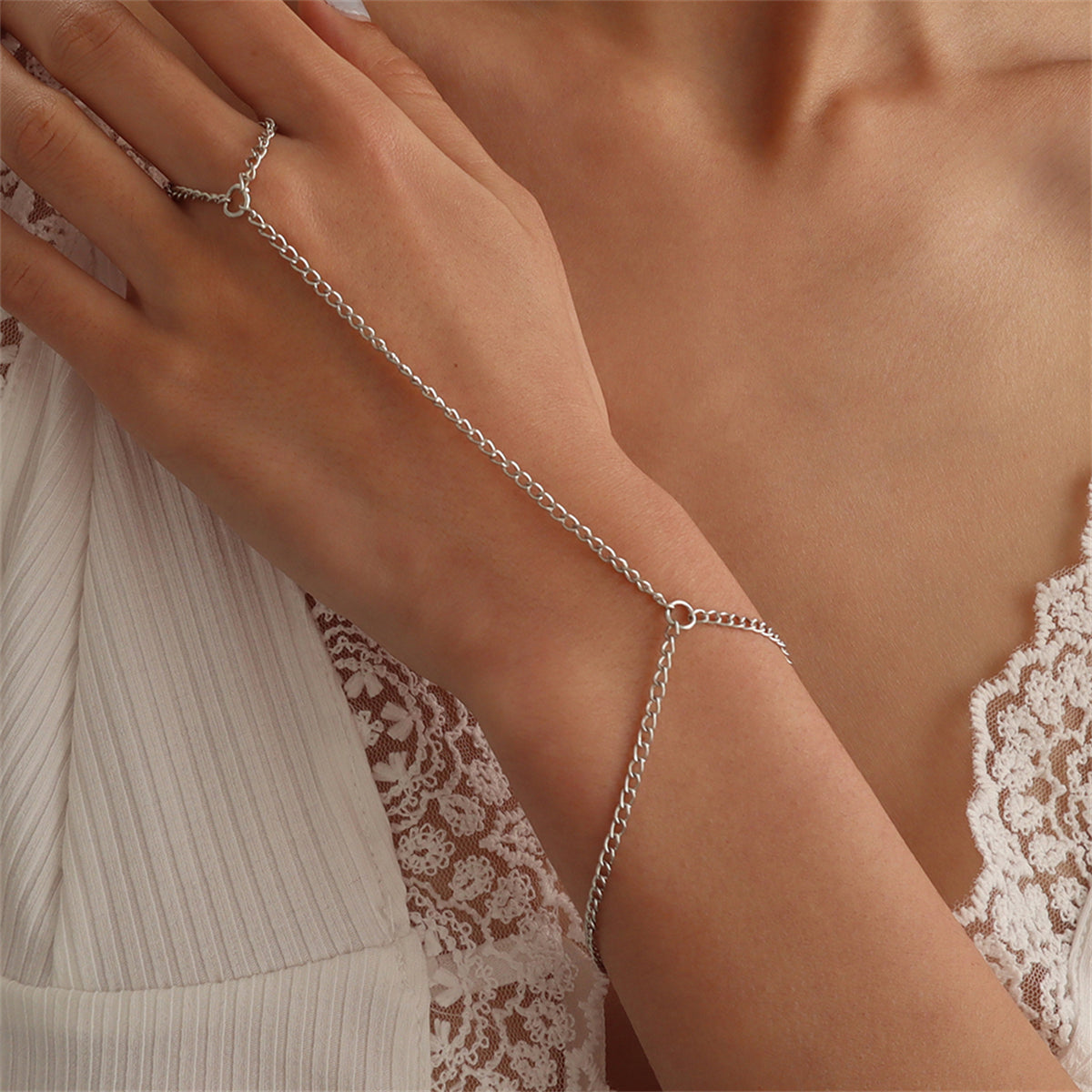 Silver-Plated Wrist-To-Ring Chain Bracelet, silver bracelet for women, botanical inspired, side view