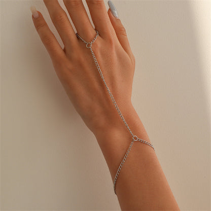 Silver-Plated Wrist-To-Ring Chain Bracelet, silver bracelet for women, botanical inspired, detail close-up