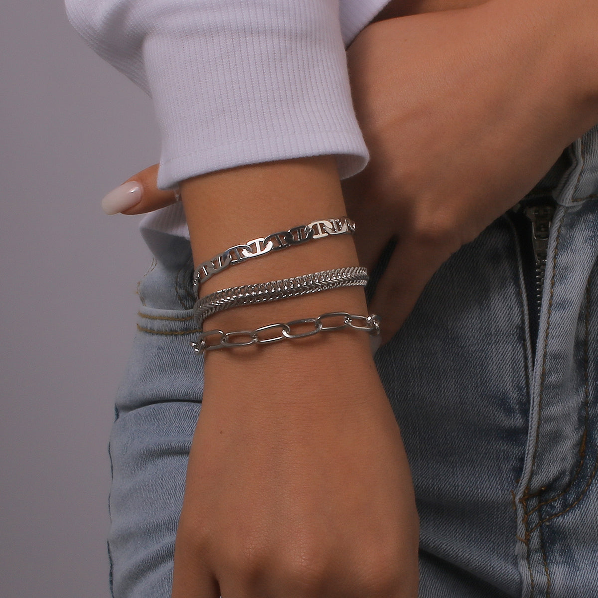 Silver-Plated Cable Chain Bracelet Set