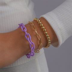 Purple Acrylic & 18K Gold-Plated Stretch Cable Chain Bracelet Set