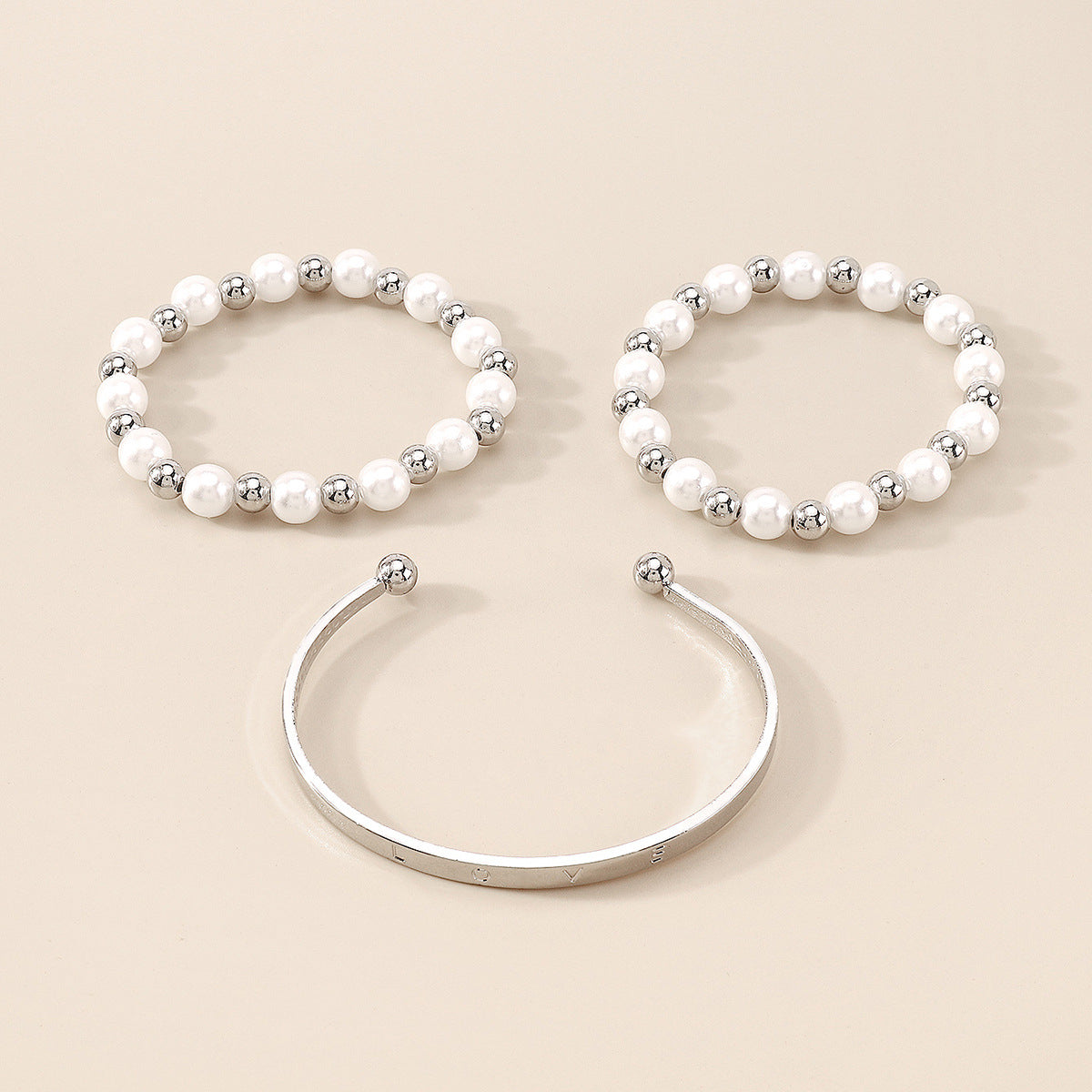 Pearl & Silver-Plated 'Love' Cuff & Stretch Bracelet Set