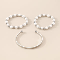 Pearl & Silver-Plated 'Love' Cuff & Stretch Bracelet Set