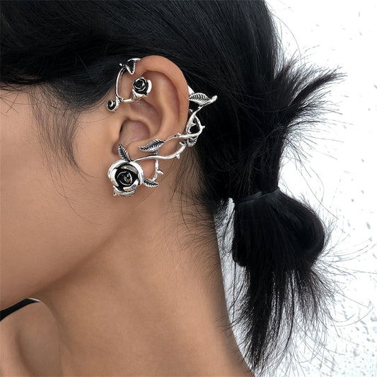 Black Enamel and Silver-Plated Rose Ear Cuff, silver stud earrings for women, vintage-inspired design, front view